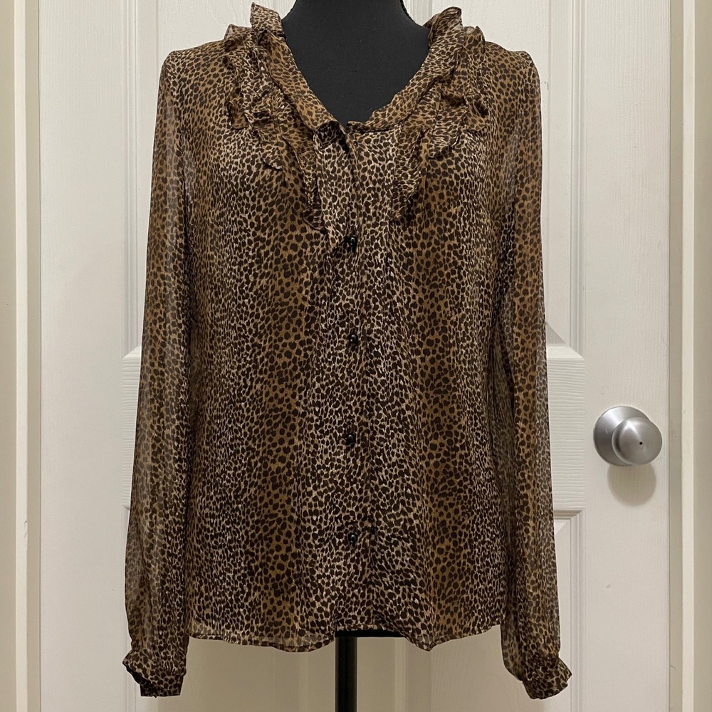 Ann Taylor Sheer Chiffon Silk Button Up Top Leopard Print‎ Ruffle Blouse Size 4